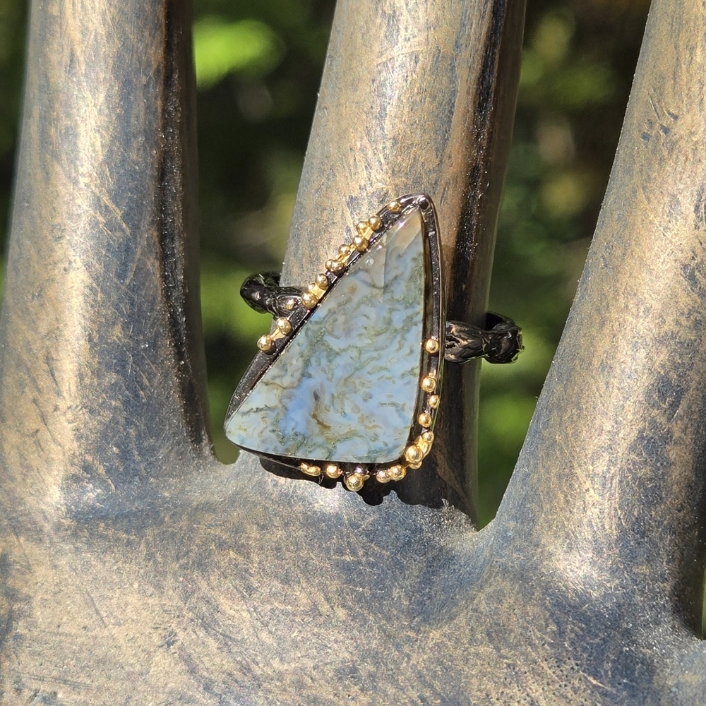 HOST PICK 🎉🎊Garden Agate 14k Natural Gemstone Sterling Rhodium & Gold Ring Sz9 - Picture 3 of 8